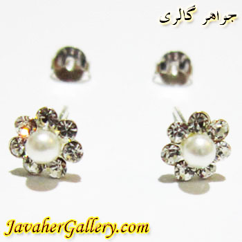 گوشواره میخی مروارید نقره کوچک با نگین درخشان