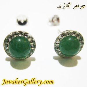 گوشواره نقره جید سبز با نگین درخشان گرد میخی